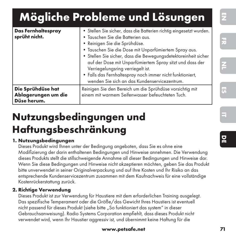 Mögliche probleme und lösungen, Nutzungsbedingungen und haftungsbeschränkung | Petsafe ssscat™ Spray Deterrent User Manual | Page 71 / 76