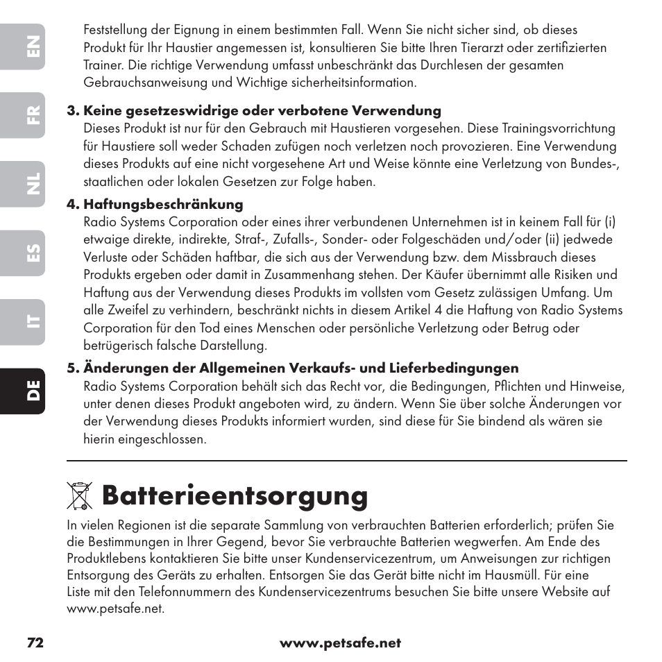 Batterieentsorgung | Petsafe ssscat™ Spray Deterrent User Manual | Page 72 / 76