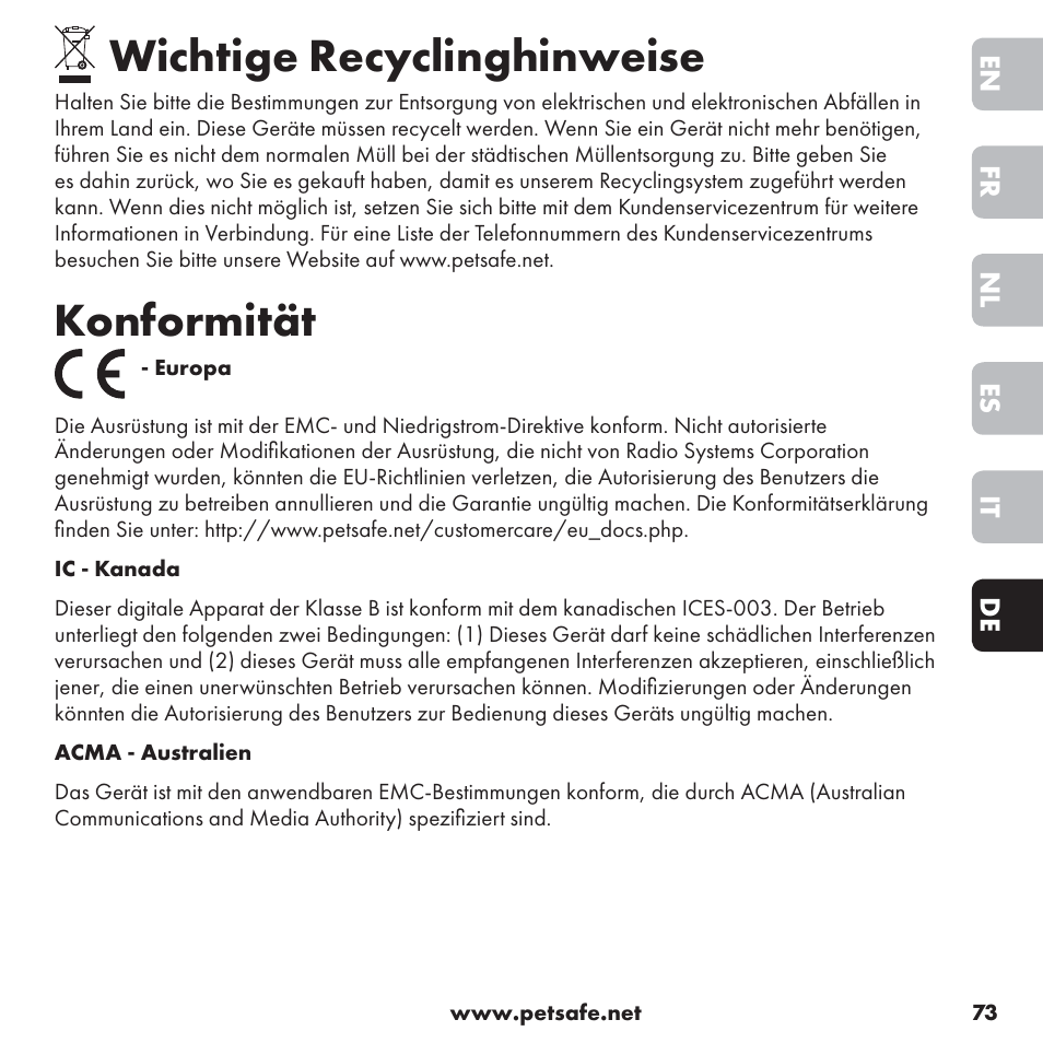 Wichtige recyclinghinweise, Konformität | Petsafe ssscat™ Spray Deterrent User Manual | Page 73 / 76