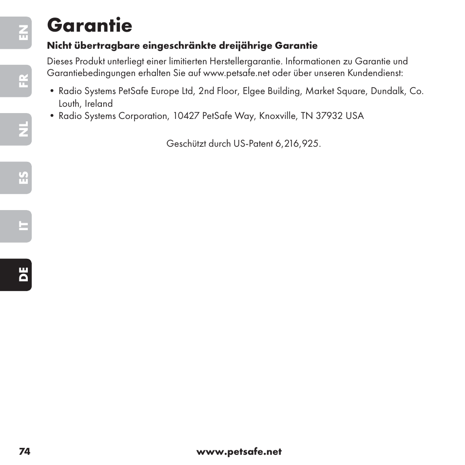 Garantie | Petsafe ssscat™ Spray Deterrent User Manual | Page 74 / 76