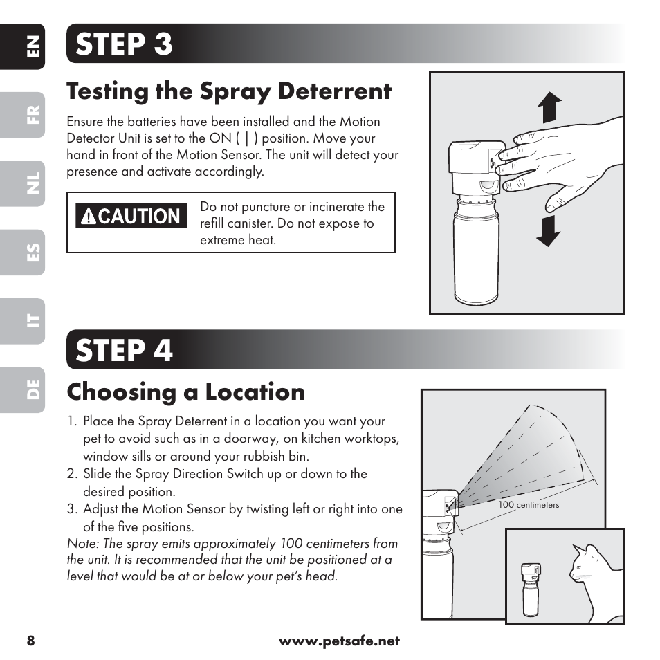 Step 3 step 4, Testing the spray deterrent, Choosing a location | Petsafe ssscat™ Spray Deterrent User Manual | Page 8 / 76