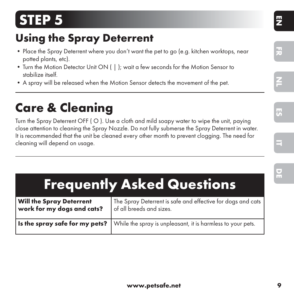 Frequently asked questions, Step 5, Care & cleaning | Using the spray deterrent | Petsafe ssscat™ Spray Deterrent User Manual | Page 9 / 76