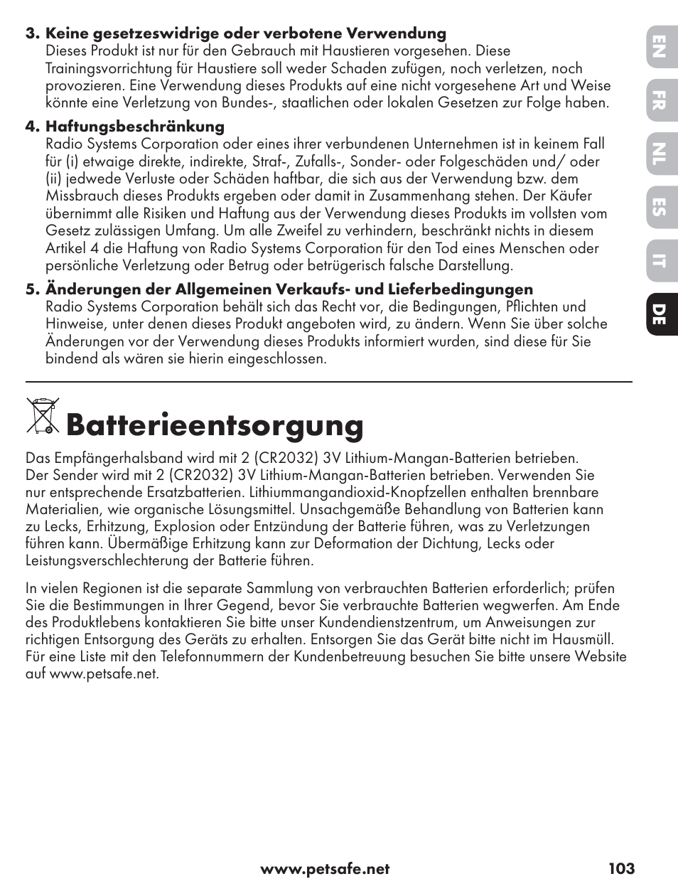 Batterieentsorgung | Petsafe ST-70, 70 m Basic Remote Trainer User Manual | Page 103 / 108