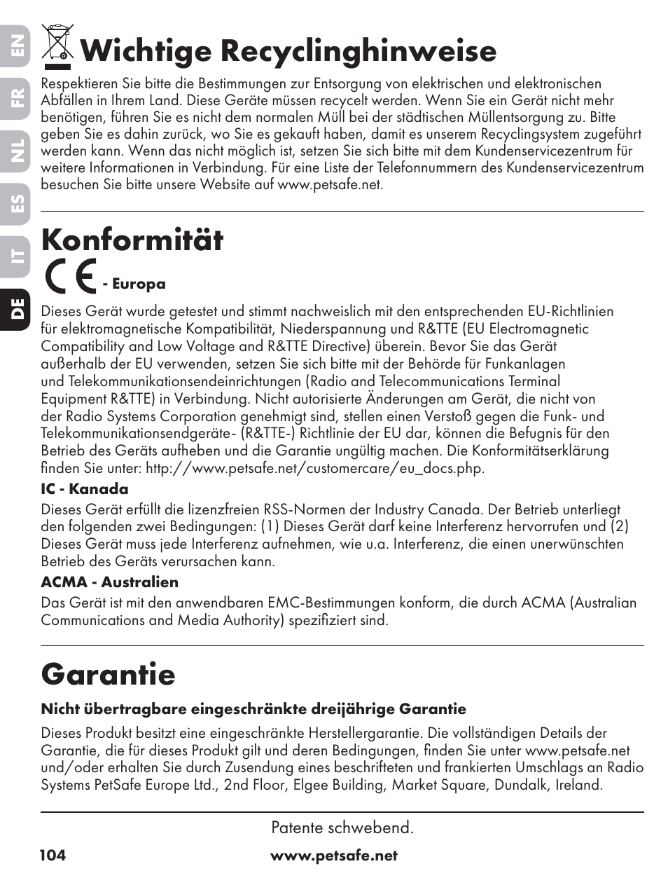 Wichtige recyclinghinweise, Konformität, Garantie | Petsafe ST-70, 70 m Basic Remote Trainer User Manual | Page 104 / 108