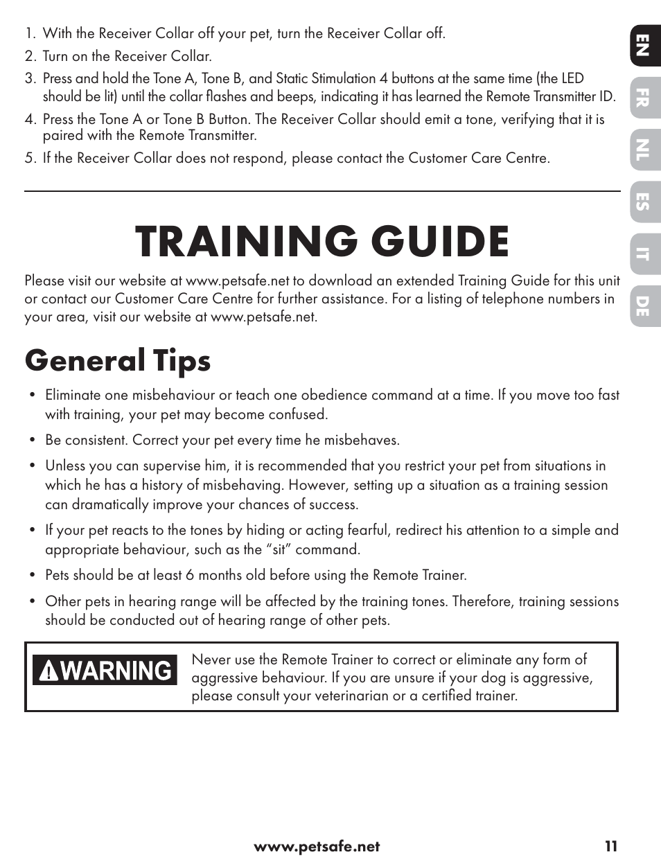 Training guide, General tips | Petsafe ST-70, 70 m Basic Remote Trainer User Manual | Page 11 / 108