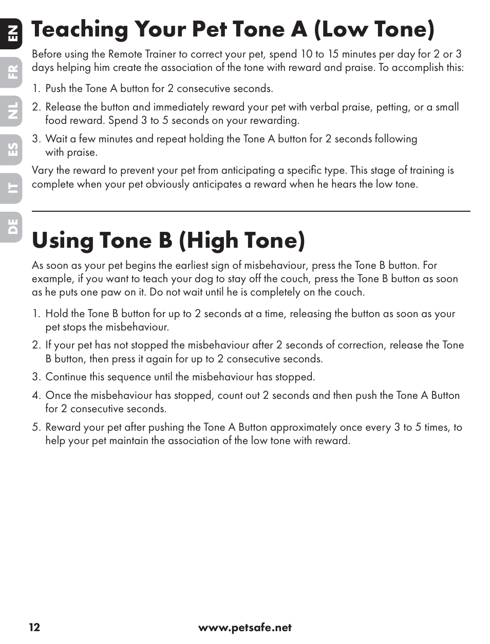 Teaching your pet tone a (low tone), Using tone b (high tone) | Petsafe ST-70, 70 m Basic Remote Trainer User Manual | Page 12 / 108
