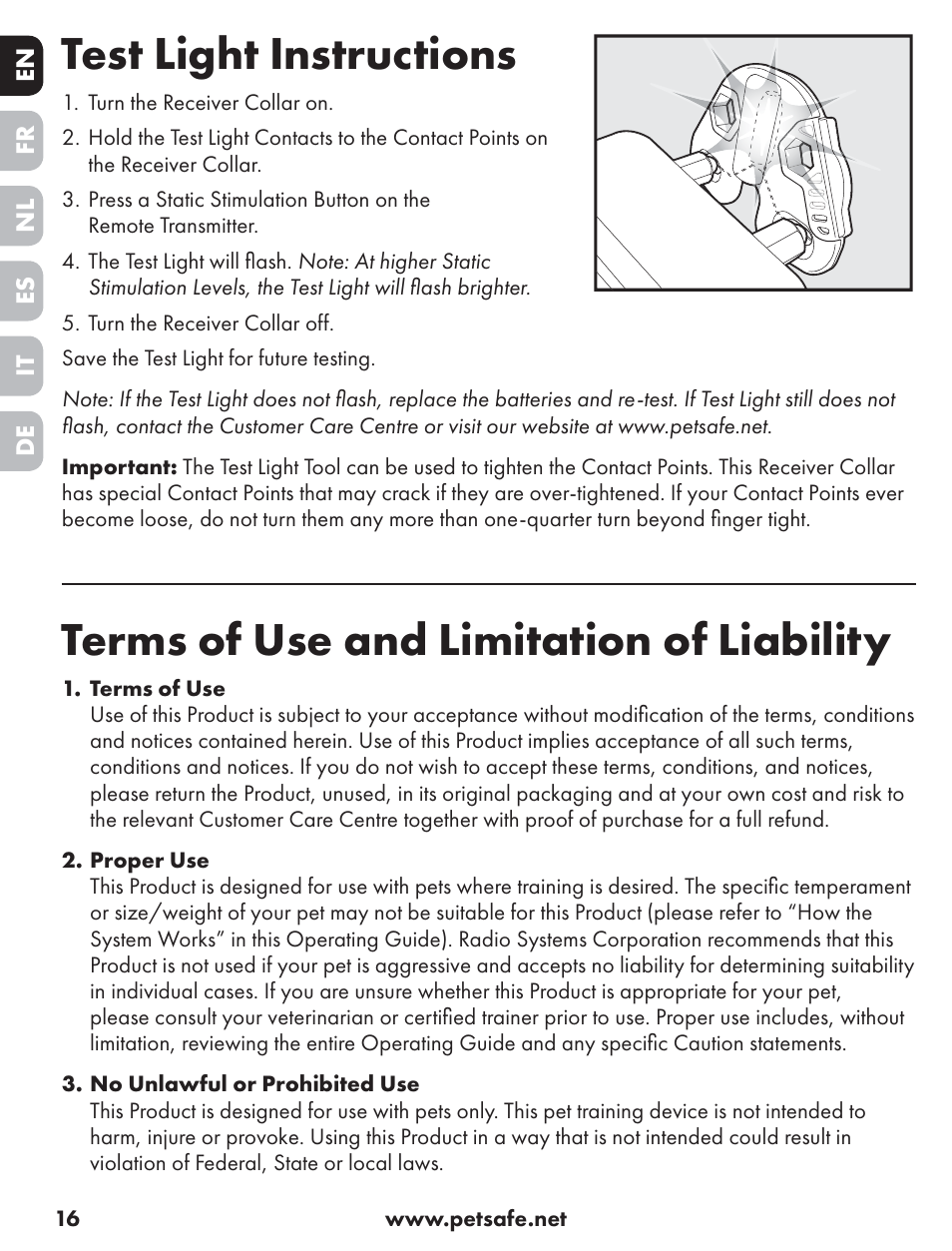 Test light instructions, Terms of use and limitation of liability | Petsafe ST-70, 70 m Basic Remote Trainer User Manual | Page 16 / 108