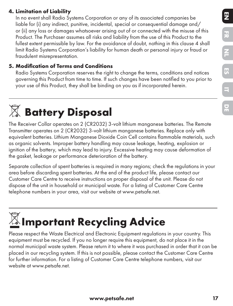 Battery disposal, Important recycling advice | Petsafe ST-70, 70 m Basic Remote Trainer User Manual | Page 17 / 108