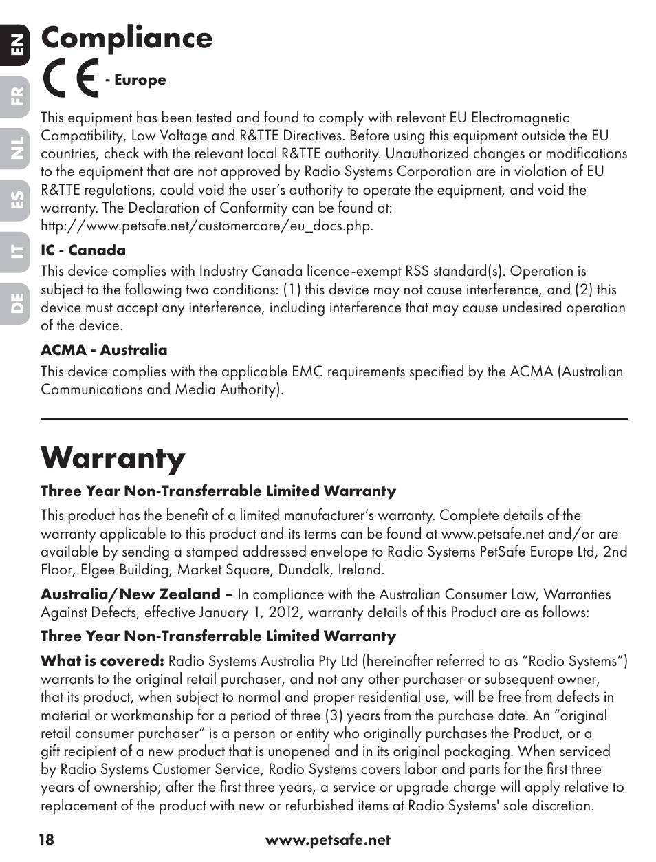 Compliance, Warranty | Petsafe ST-70, 70 m Basic Remote Trainer User Manual | Page 18 / 108