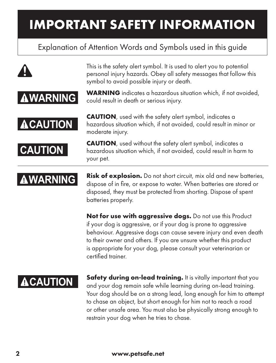 Important safety information | Petsafe ST-70, 70 m Basic Remote Trainer User Manual | Page 2 / 108