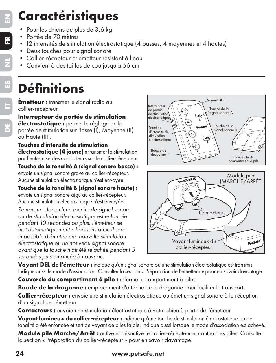 Caractéristiques, Déﬁ nitions, En es fr it nl de | Petsafe ST-70, 70 m Basic Remote Trainer User Manual | Page 24 / 108