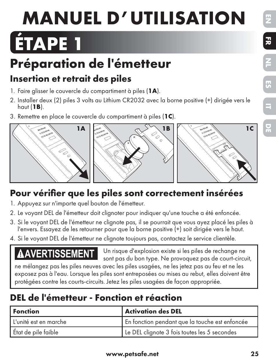 Manuel d’utilisation, Étape 1, Préparation de l'émetteur | Insertion et retrait des piles, Del de l'émetteur - fonction et réaction | Petsafe ST-70, 70 m Basic Remote Trainer User Manual | Page 25 / 108