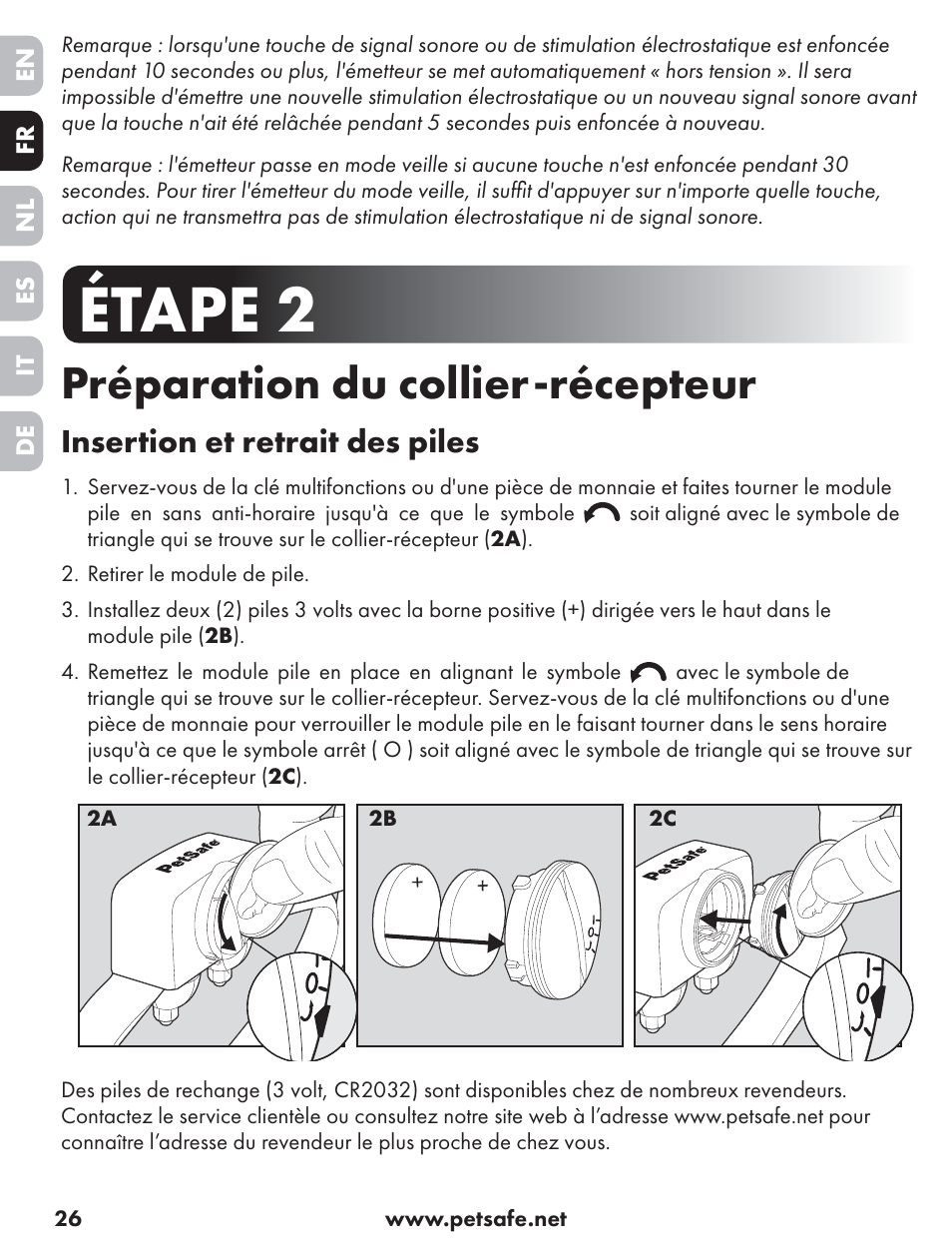 Étape 2, Préparation du collier-récepteur, Insertion et retrait des piles | Petsafe ST-70, 70 m Basic Remote Trainer User Manual | Page 26 / 108