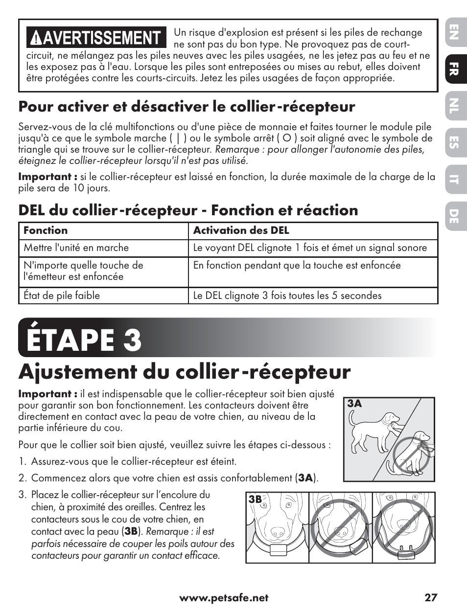 Étape 3, Ajustement du collier-récepteur, Pour activer et désactiver le collier-récepteur | Del du collier-récepteur - fonction et réaction | Petsafe ST-70, 70 m Basic Remote Trainer User Manual | Page 27 / 108