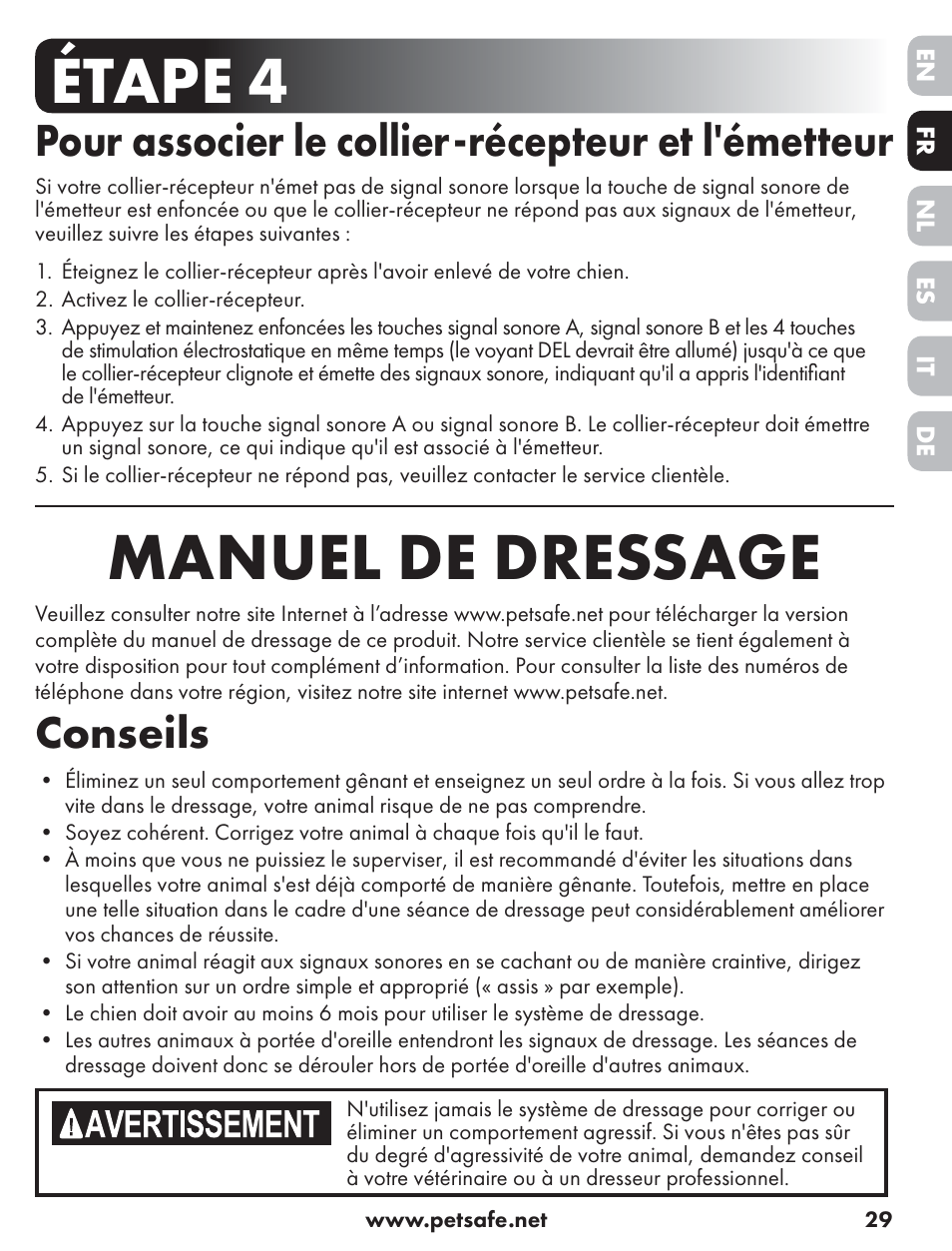 Étape 4, Manuel de dressage, Pour associer le collier-récepteur et l'émetteur | Conseils | Petsafe ST-70, 70 m Basic Remote Trainer User Manual | Page 29 / 108