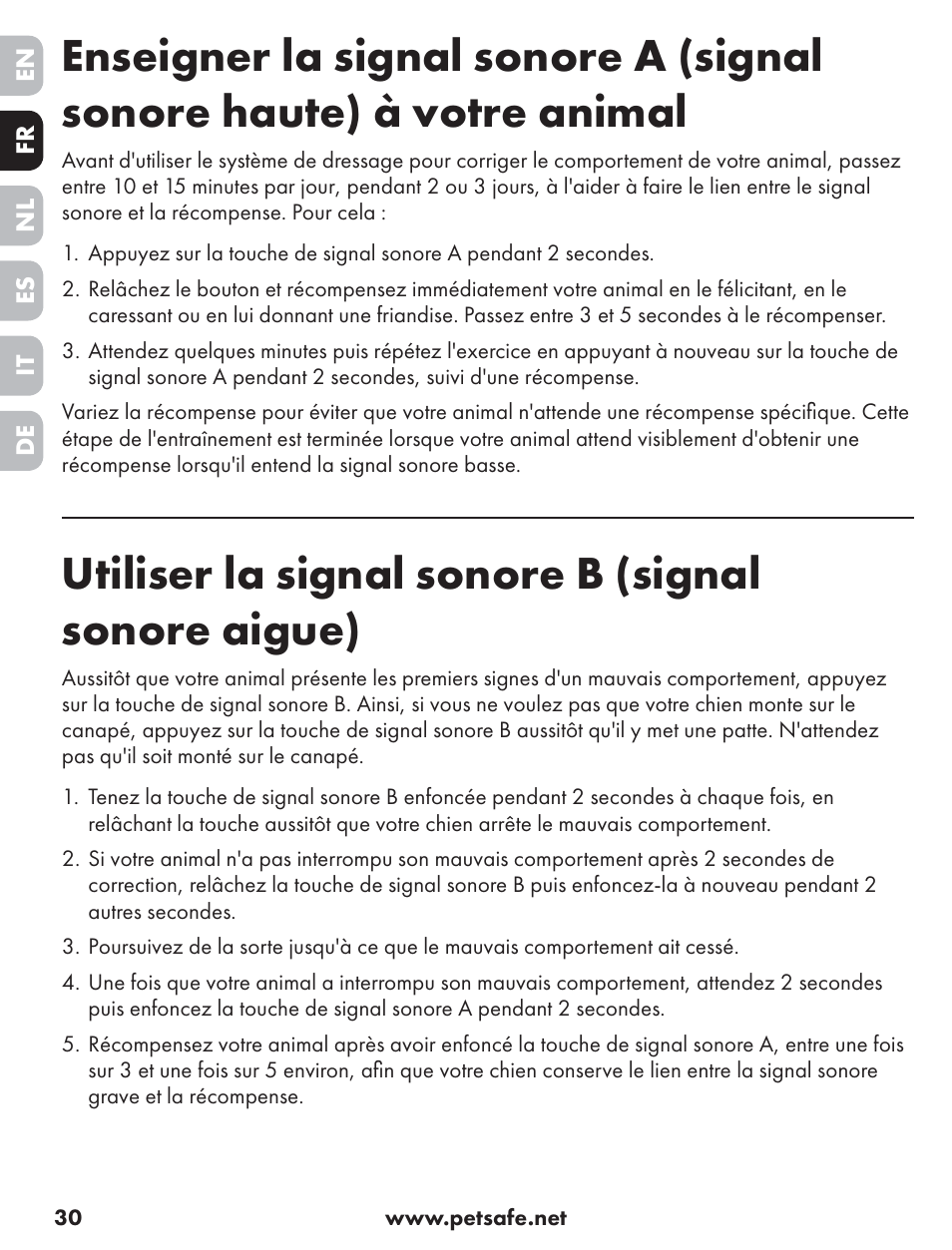 Utiliser la signal sonore b (signal sonore aigue) | Petsafe ST-70, 70 m Basic Remote Trainer User Manual | Page 30 / 108