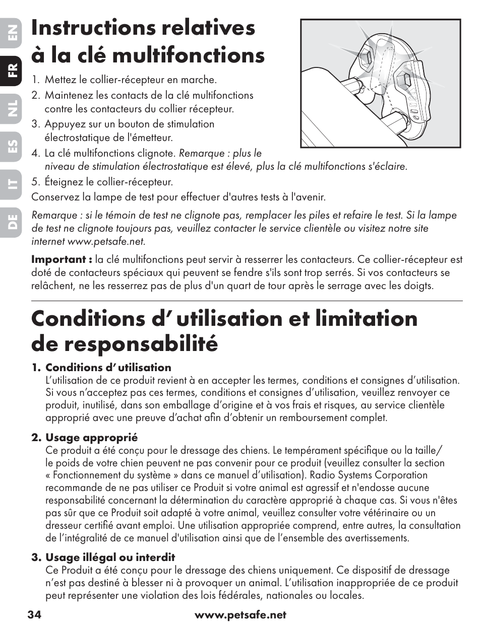 Instructions relatives à la clé multifonctions | Petsafe ST-70, 70 m Basic Remote Trainer User Manual | Page 34 / 108