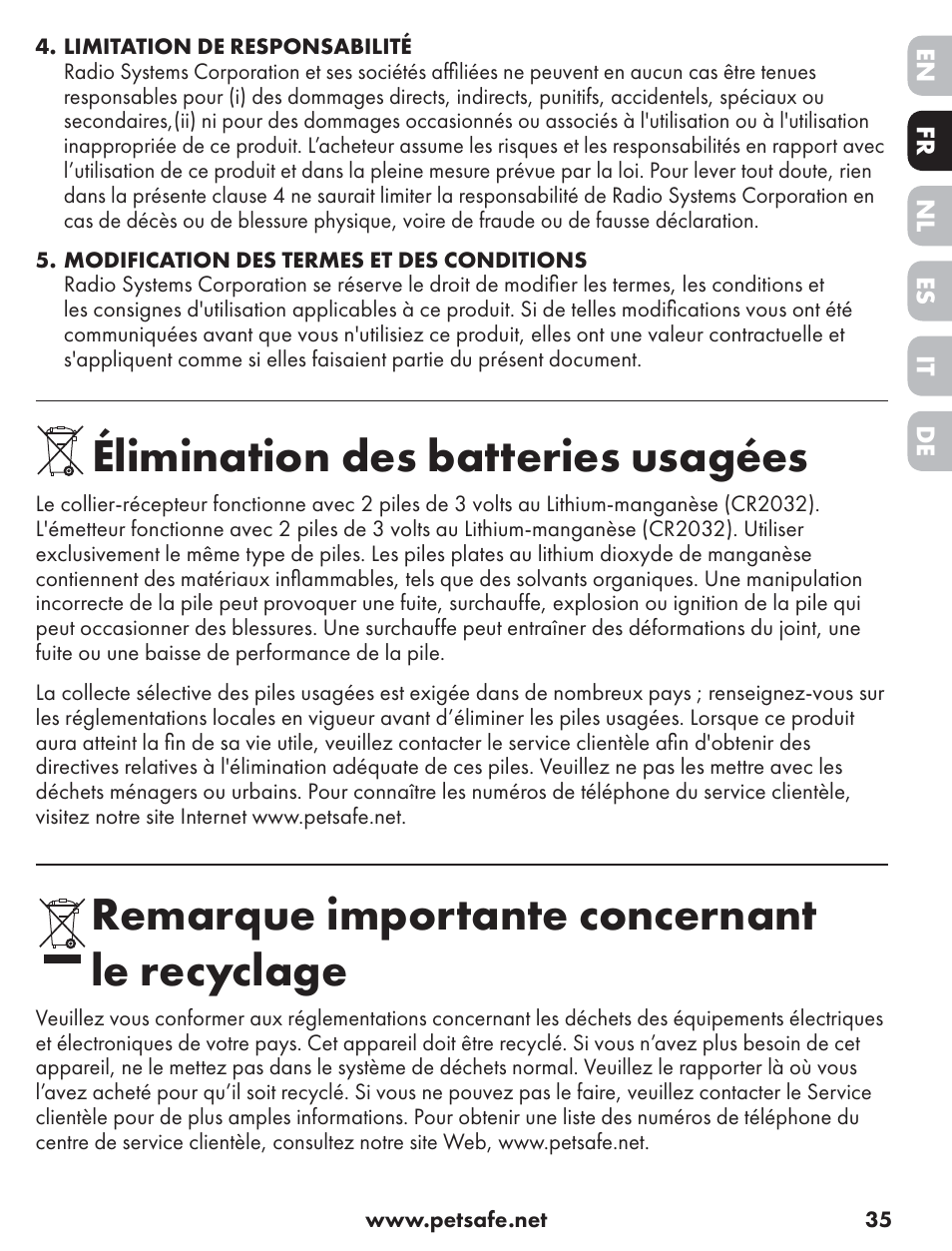 Élimination des batteries usagées, Remarque importante concernant le recyclage | Petsafe ST-70, 70 m Basic Remote Trainer User Manual | Page 35 / 108