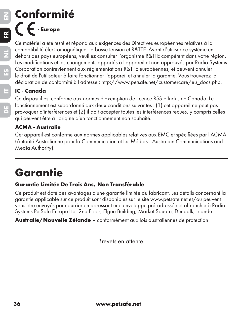 Conformité, Garantie | Petsafe ST-70, 70 m Basic Remote Trainer User Manual | Page 36 / 108