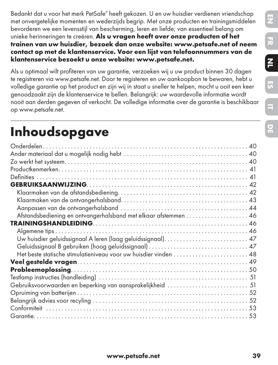 Inhoudsopgave | Petsafe ST-70, 70 m Basic Remote Trainer User Manual | Page 39 / 108