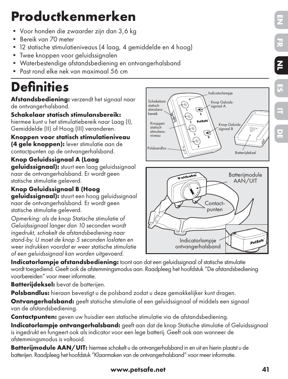 Productkenmerken, Deﬁ nities, De nl it fr es en | Petsafe ST-70, 70 m Basic Remote Trainer User Manual | Page 41 / 108