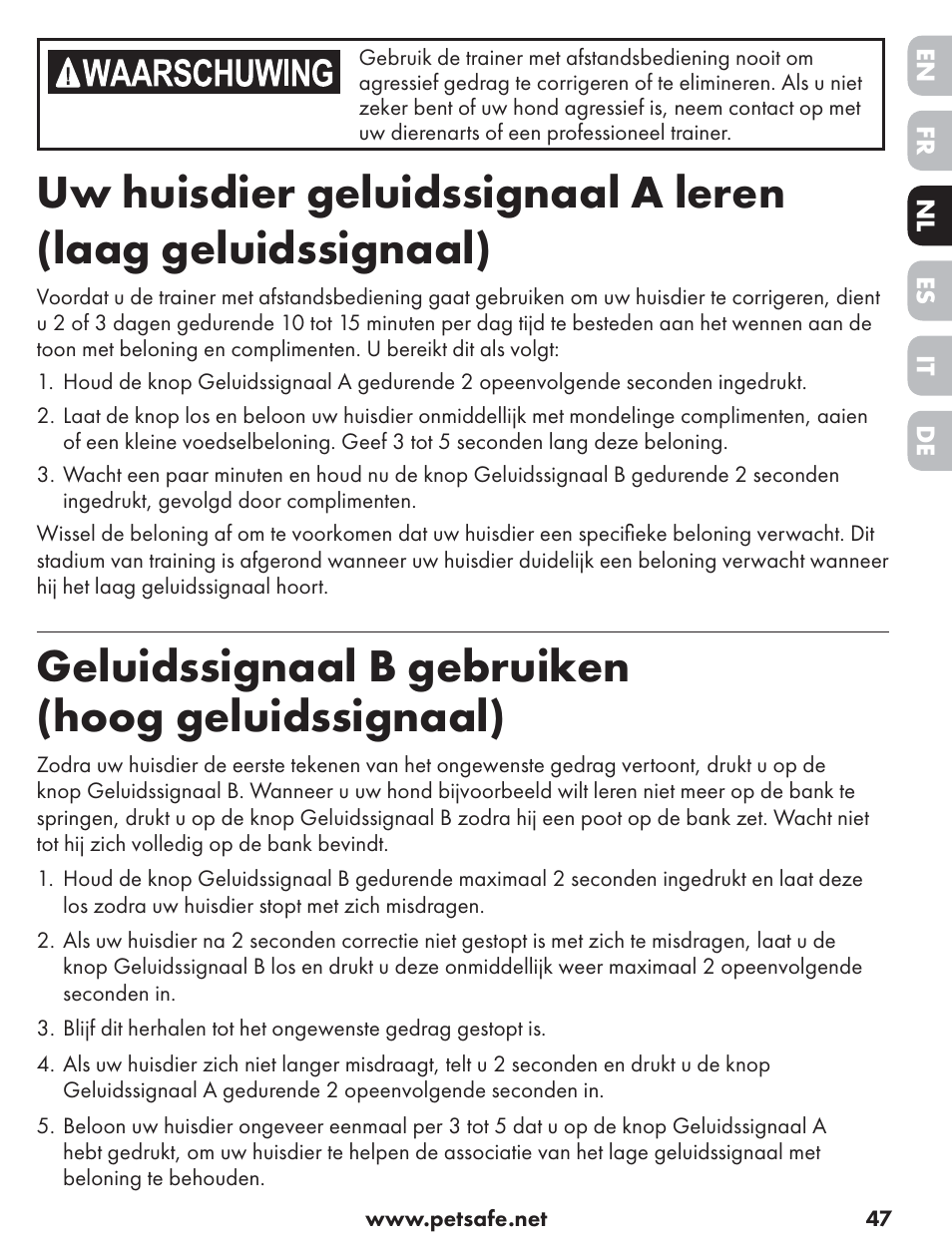 Geluidssignaal b gebruiken (hoog geluidssignaal) | Petsafe ST-70, 70 m Basic Remote Trainer User Manual | Page 47 / 108