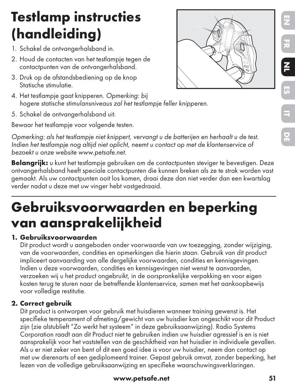 Testlamp instructies (handleiding) | Petsafe ST-70, 70 m Basic Remote Trainer User Manual | Page 51 / 108
