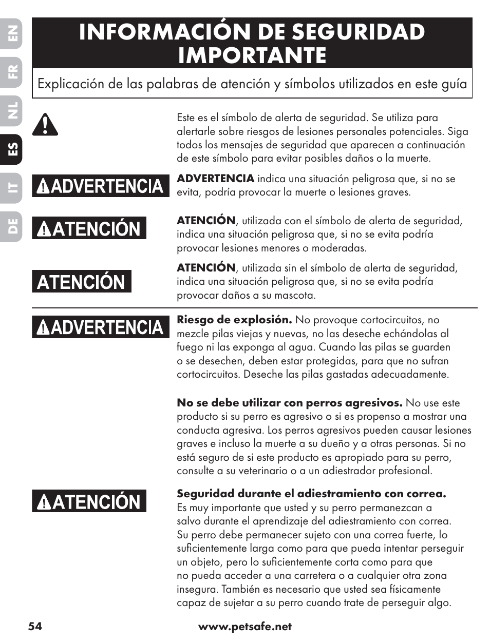 Información de seguridad importante | Petsafe ST-70, 70 m Basic Remote Trainer User Manual | Page 54 / 108