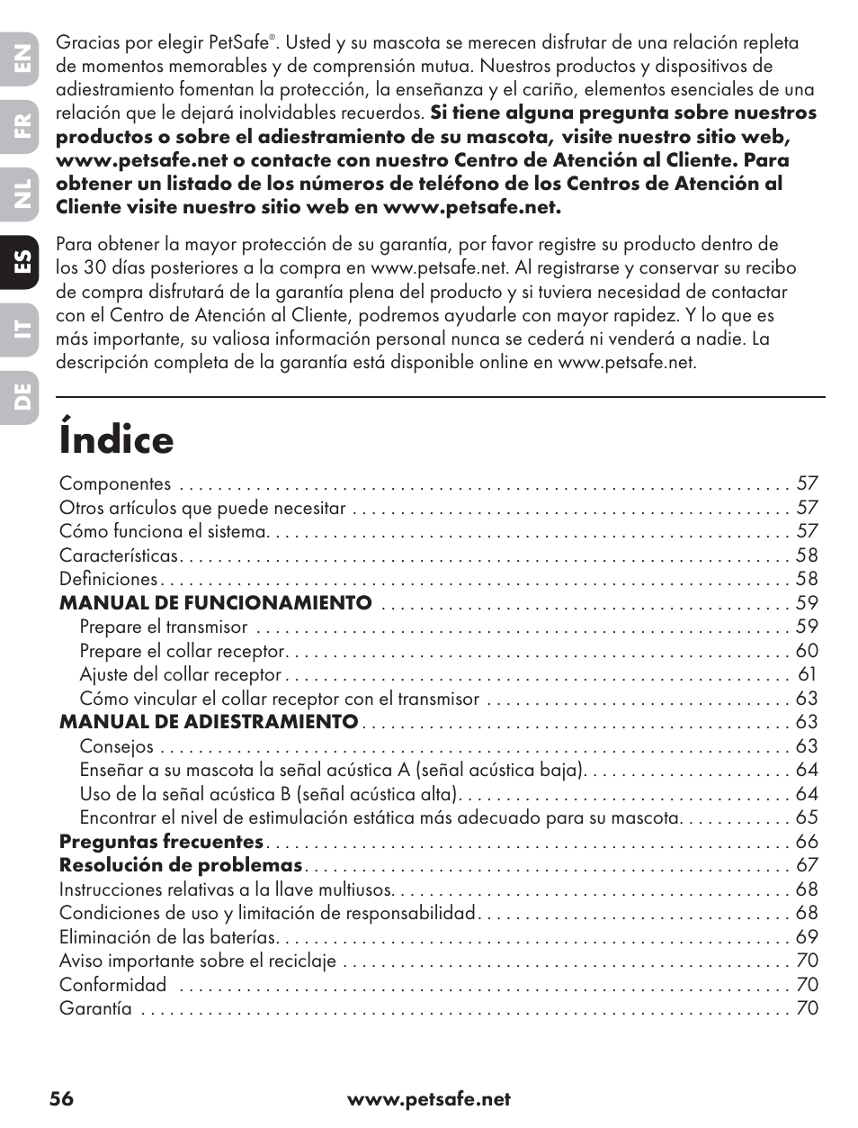 Índice | Petsafe ST-70, 70 m Basic Remote Trainer User Manual | Page 56 / 108