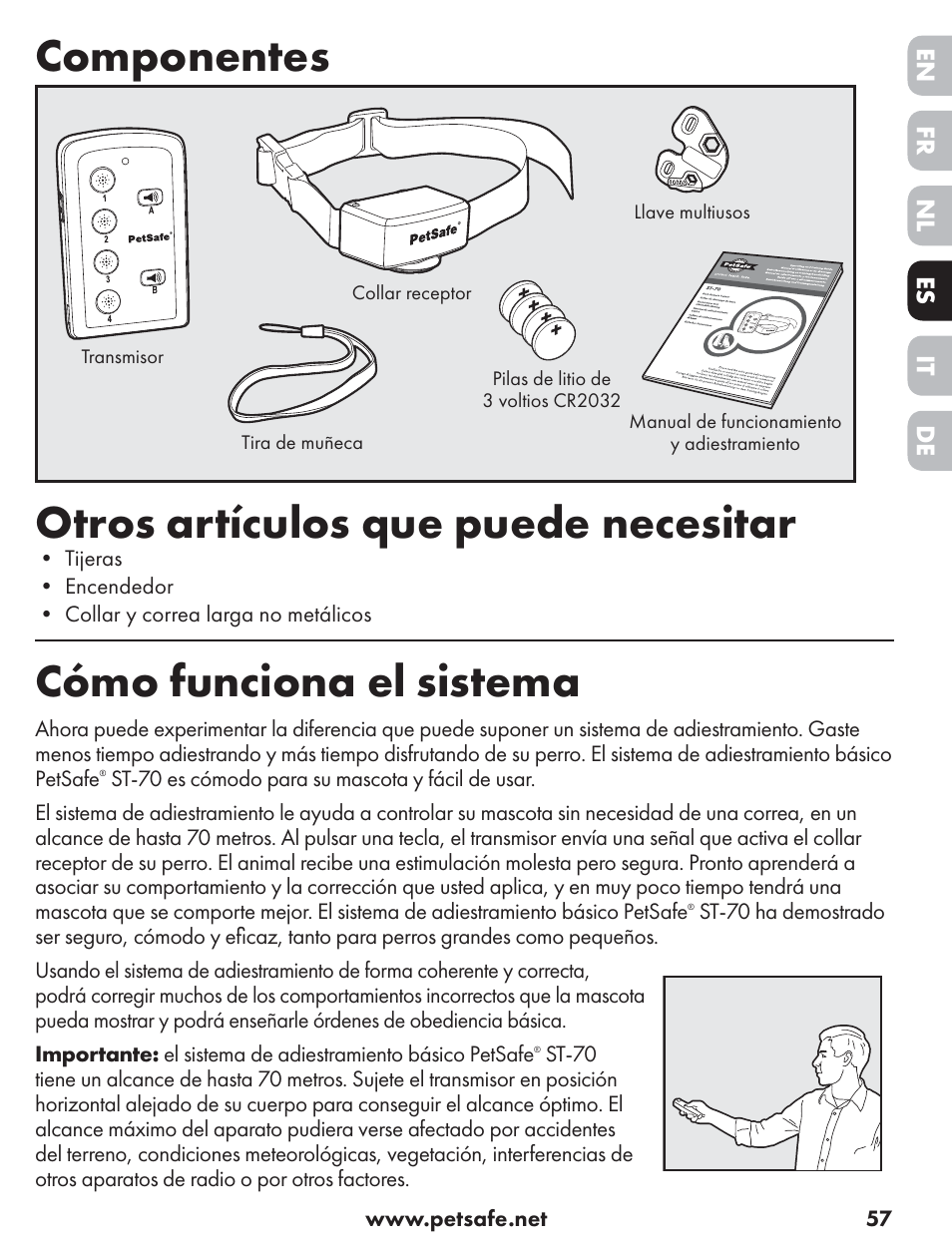 Componentes otros artículos que puede necesitar, Cómo funciona el sistema | Petsafe ST-70, 70 m Basic Remote Trainer User Manual | Page 57 / 108