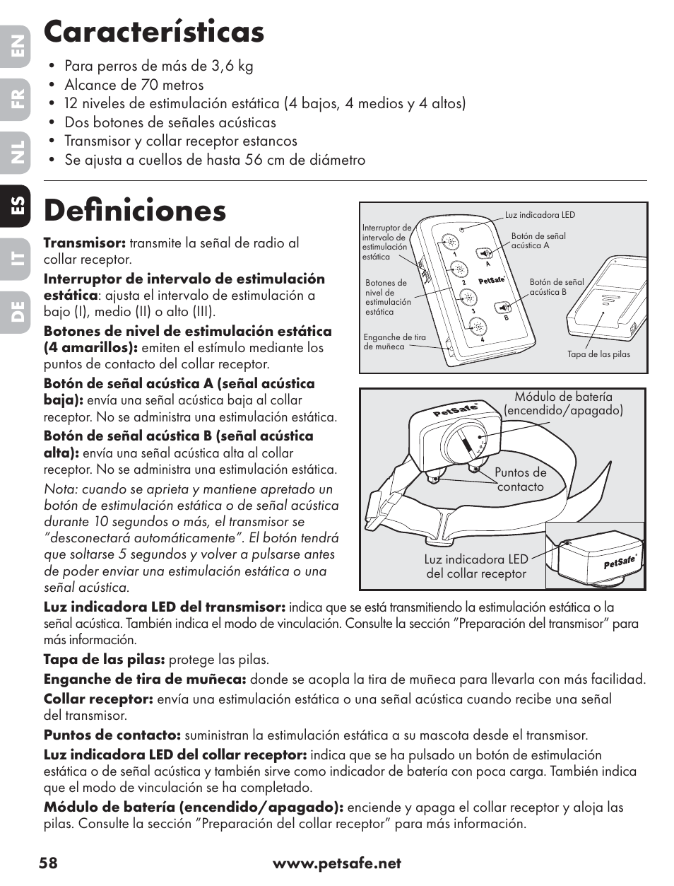 Características, Deﬁ niciones, En es fr it nl de | Petsafe ST-70, 70 m Basic Remote Trainer User Manual | Page 58 / 108