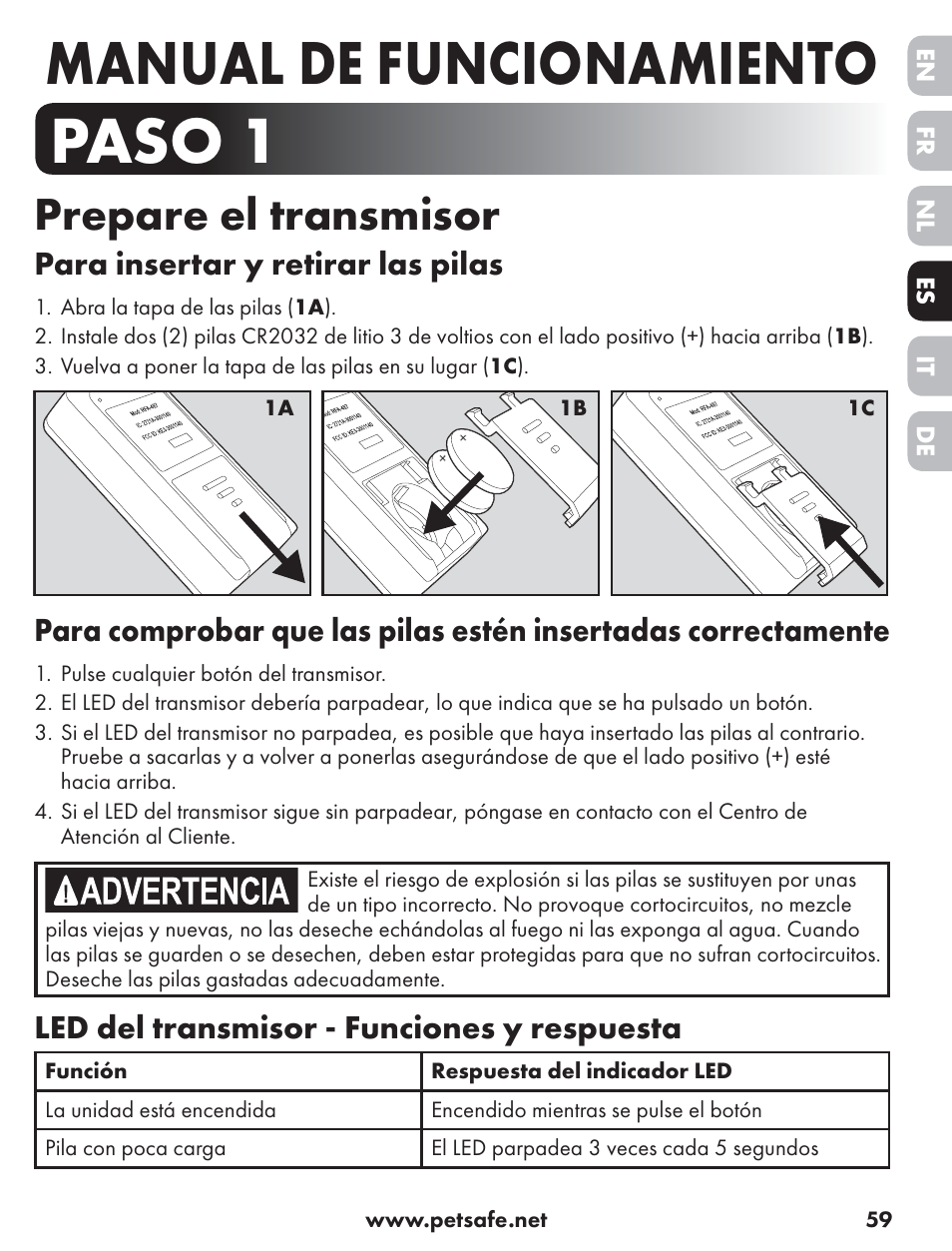 Paso 1, Manual de funcionamiento, Prepare el transmisor | Para insertar y retirar las pilas, Led del transmisor - funciones y respuesta | Petsafe ST-70, 70 m Basic Remote Trainer User Manual | Page 59 / 108