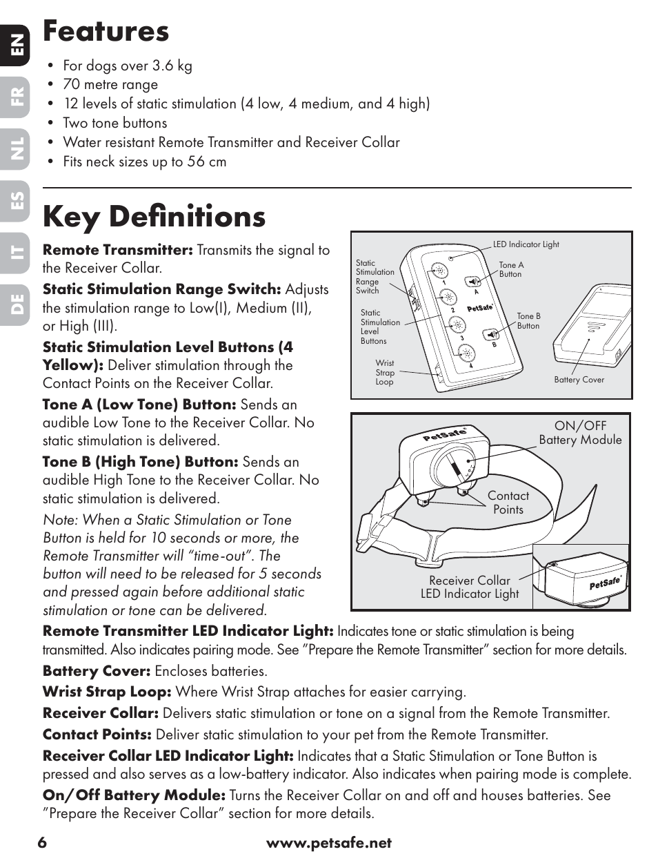 Features, Key deﬁ nitions, En es fr it nl de | Petsafe ST-70, 70 m Basic Remote Trainer User Manual | Page 6 / 108