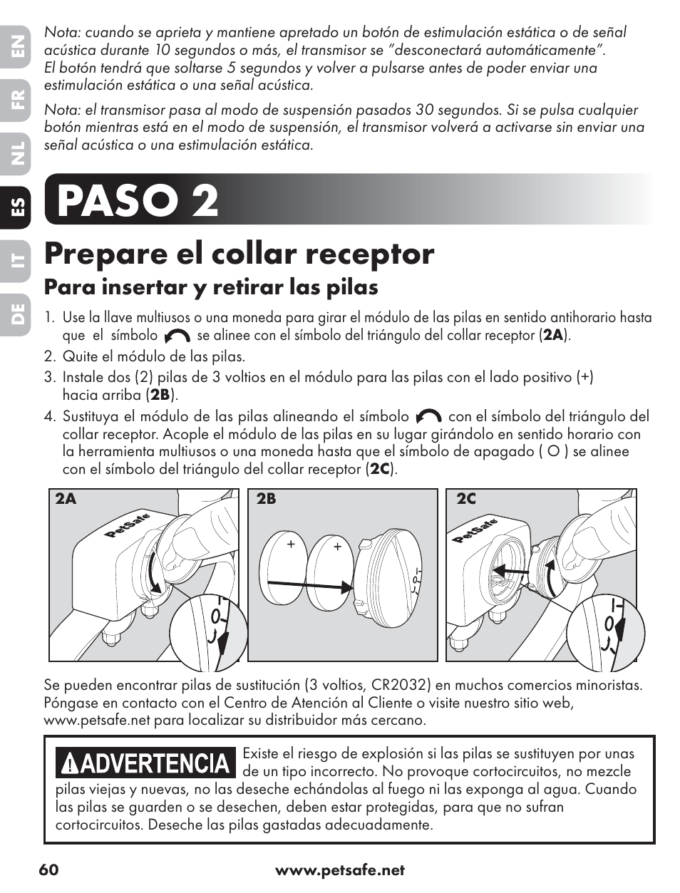 Paso 2, Prepare el collar receptor, Para insertar y retirar las pilas | Petsafe ST-70, 70 m Basic Remote Trainer User Manual | Page 60 / 108