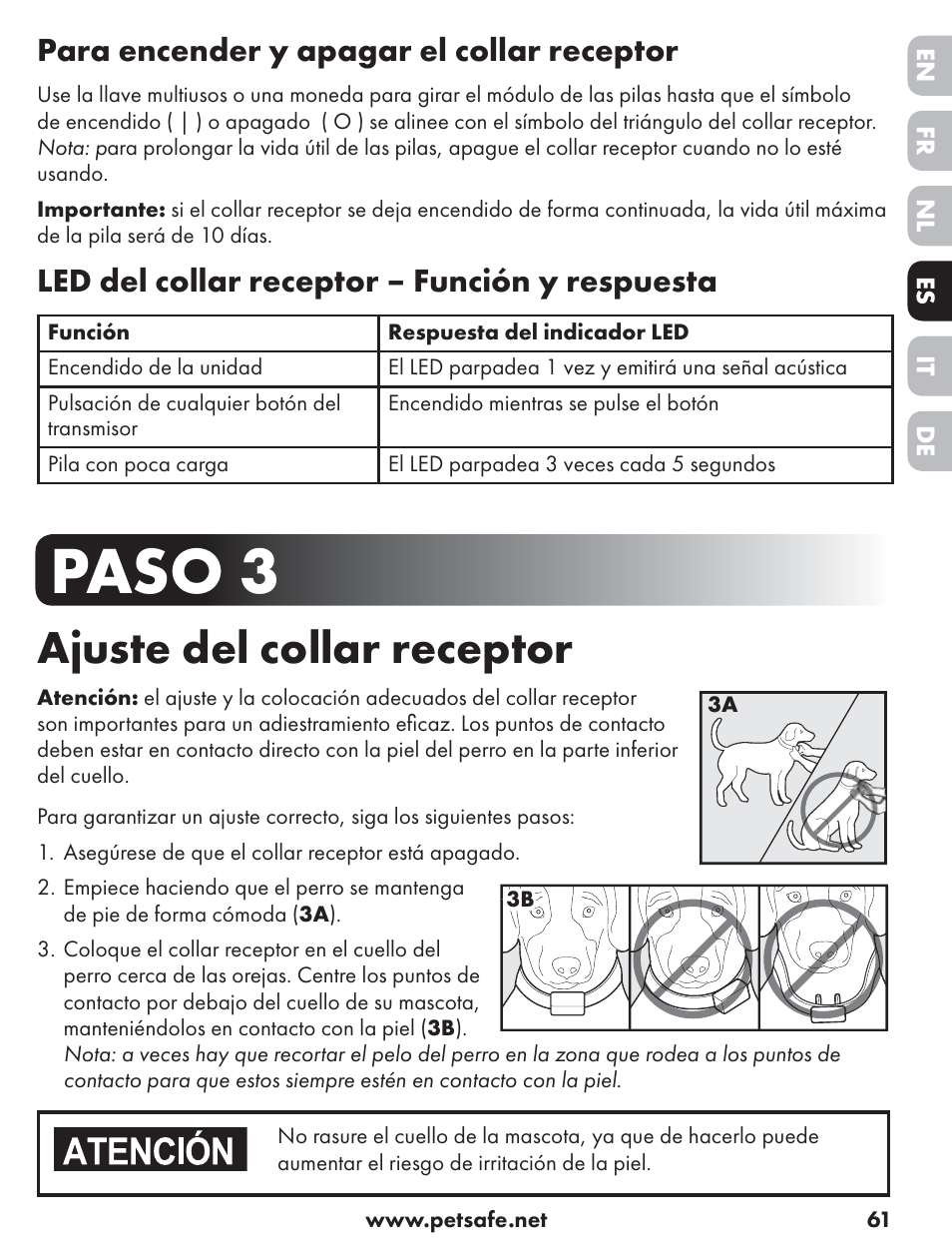 Paso 3, Ajuste del collar receptor, Para encender y apagar el collar receptor | Led del collar receptor – función y respuesta | Petsafe ST-70, 70 m Basic Remote Trainer User Manual | Page 61 / 108
