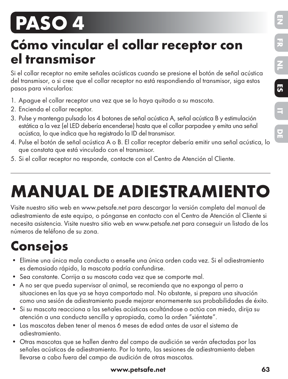 Paso 4, Manual de adiestramiento, Cómo vincular el collar receptor con el transmisor | Consejos | Petsafe ST-70, 70 m Basic Remote Trainer User Manual | Page 63 / 108