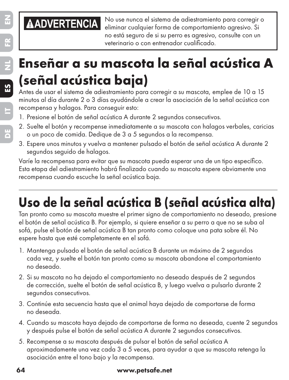 Uso de la señal acústica b (señal acústica alta) | Petsafe ST-70, 70 m Basic Remote Trainer User Manual | Page 64 / 108