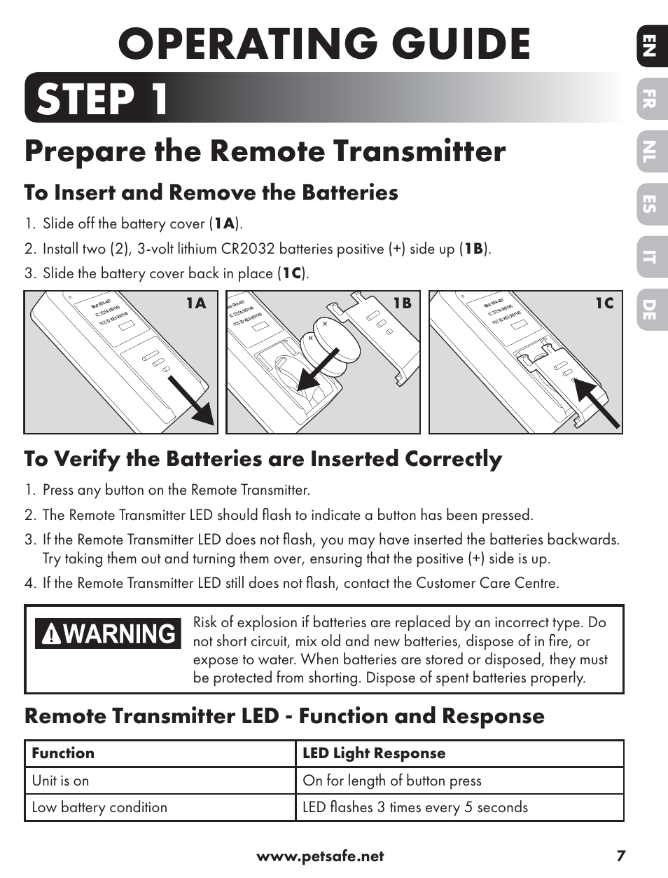 Operating guide, Step 1, Prepare the remote transmitter | Remote transmitter led - function and response | Petsafe ST-70, 70 m Basic Remote Trainer User Manual | Page 7 / 108