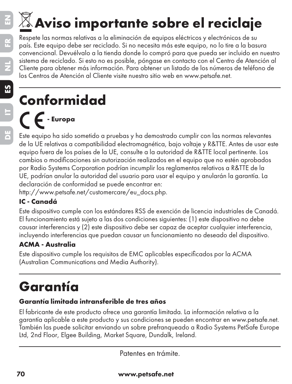 Aviso importante sobre el reciclaje, Conformidad, Garantía | Petsafe ST-70, 70 m Basic Remote Trainer User Manual | Page 70 / 108