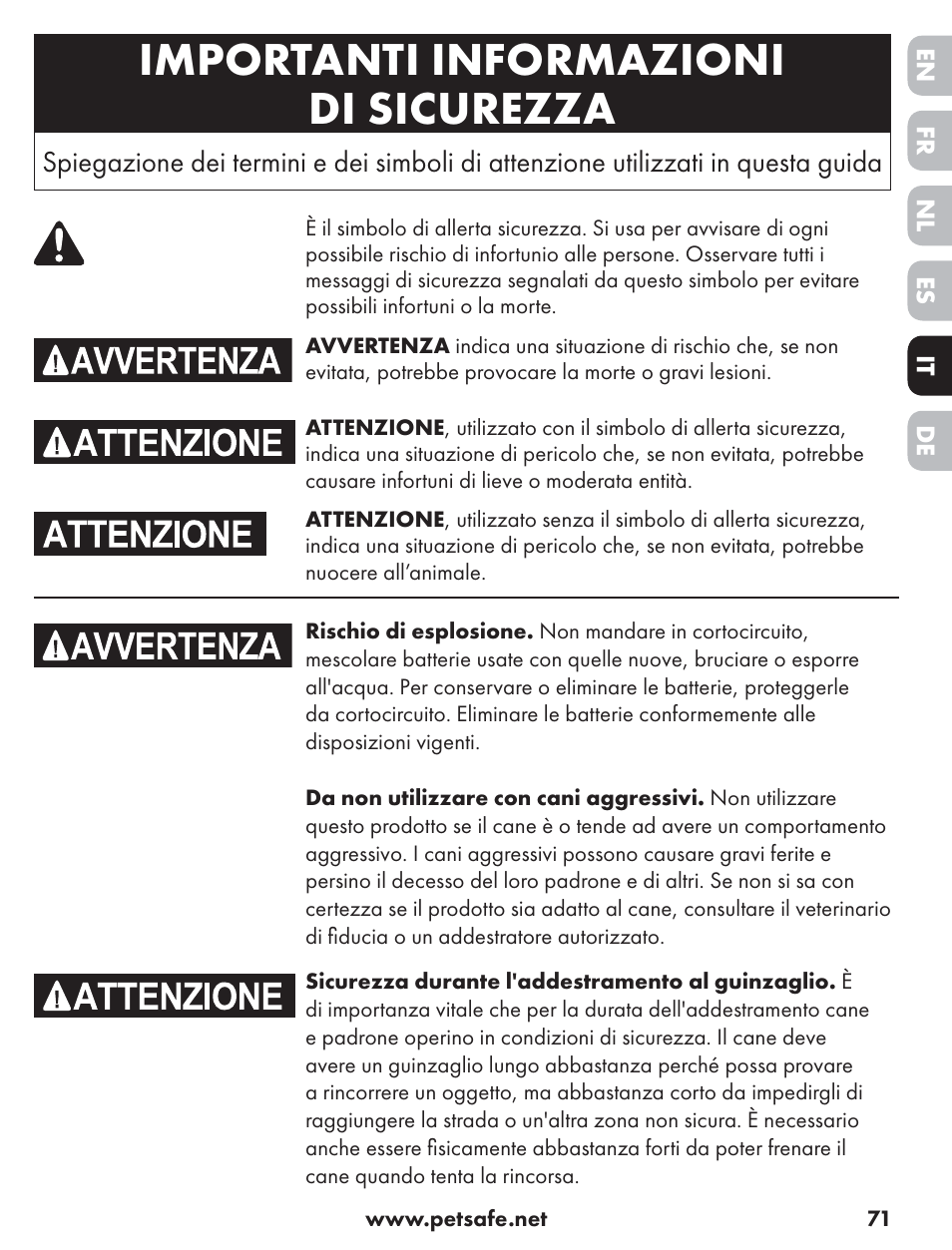 Importanti informazioni di sicurezza | Petsafe ST-70, 70 m Basic Remote Trainer User Manual | Page 71 / 108