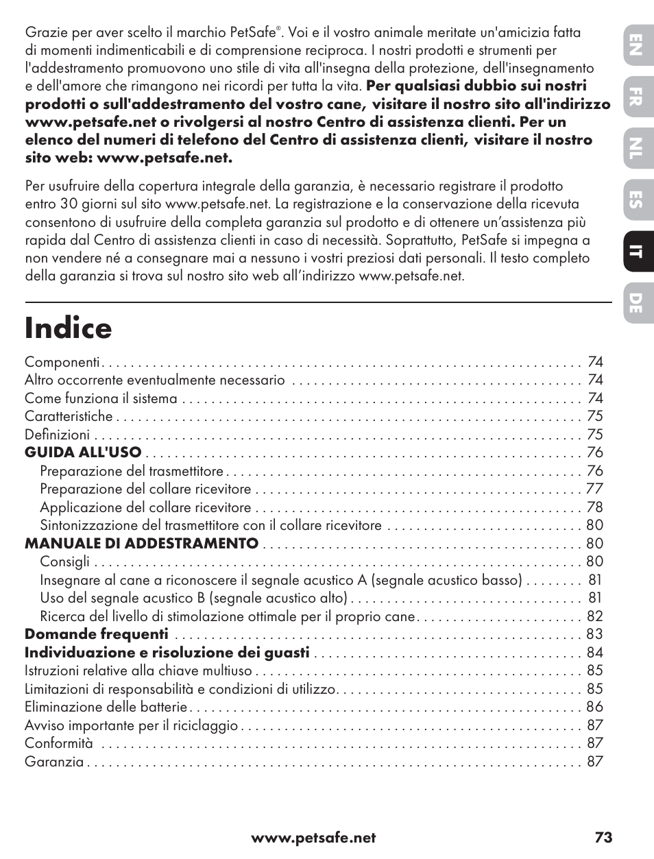 Indice | Petsafe ST-70, 70 m Basic Remote Trainer User Manual | Page 73 / 108