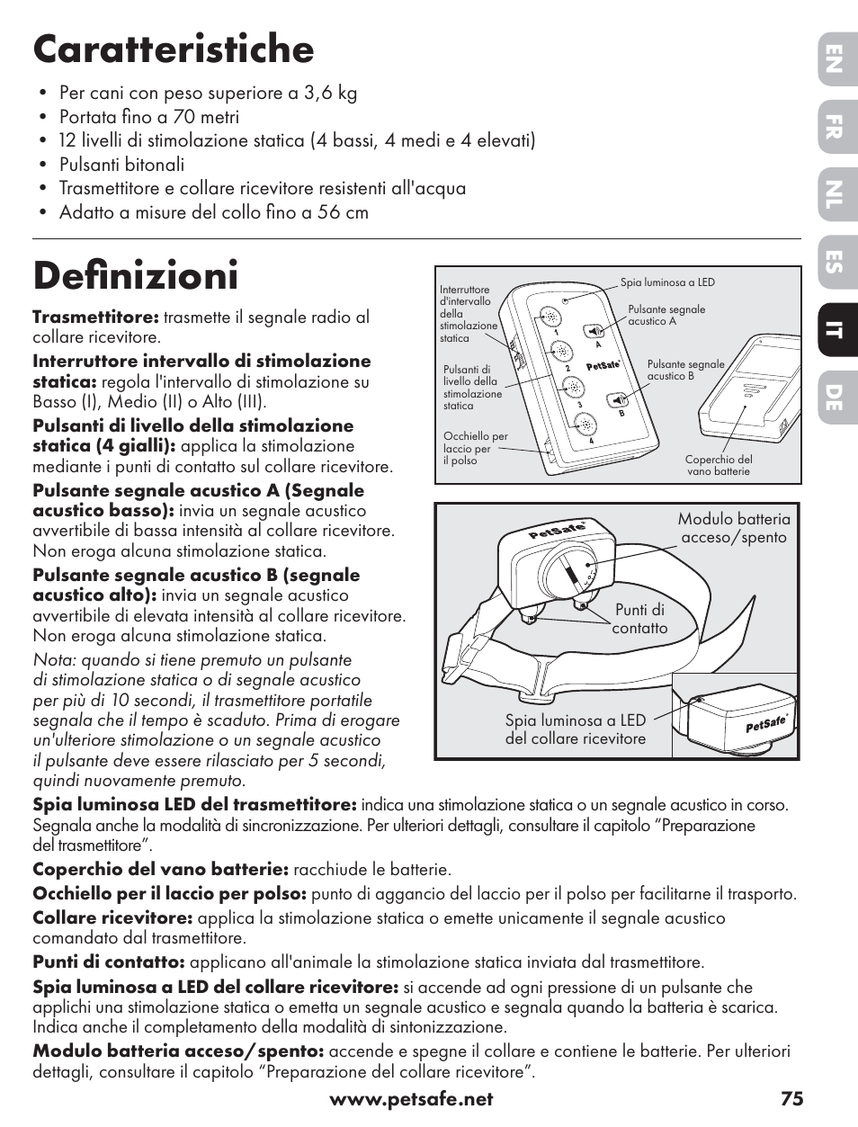 Caratteristiche, Deﬁ nizioni, De nl it fr es en | Petsafe ST-70, 70 m Basic Remote Trainer User Manual | Page 75 / 108