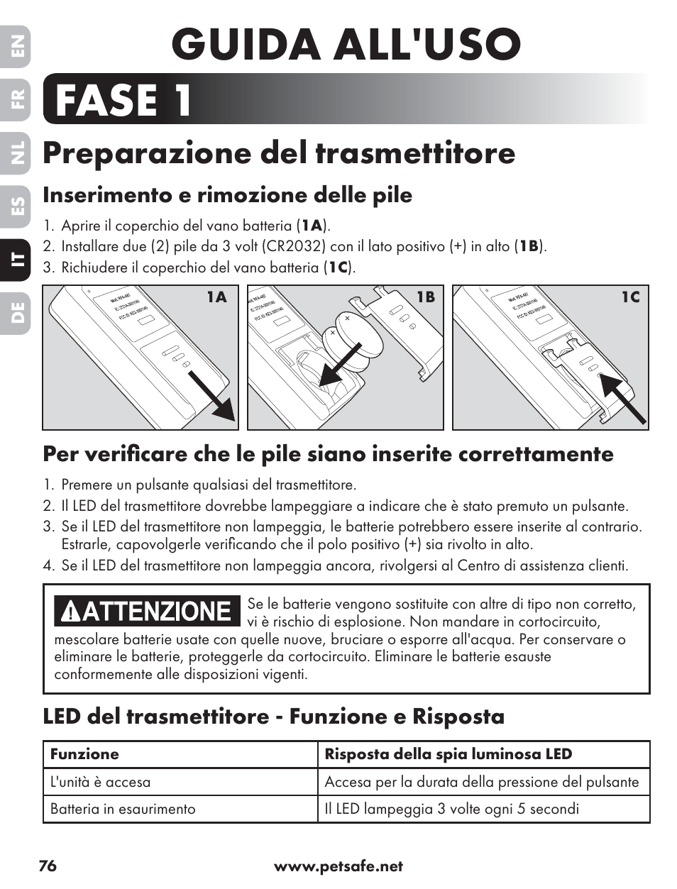 Guida all'uso, Fase 1, Preparazione del trasmettitore | Inserimento e rimozione delle pile, Led del trasmettitore - funzione e risposta | Petsafe ST-70, 70 m Basic Remote Trainer User Manual | Page 76 / 108