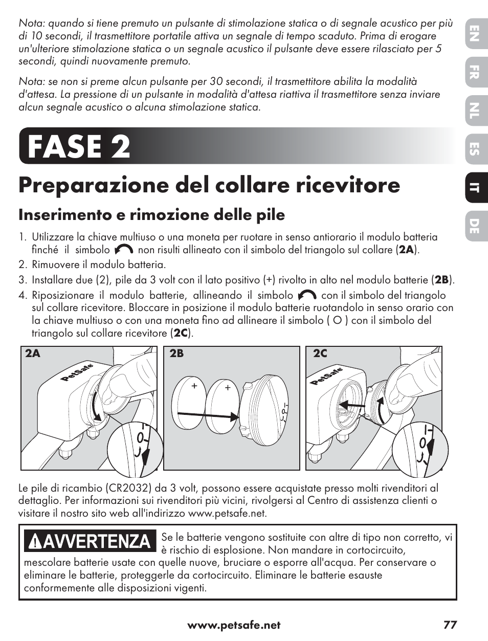 Fase 2, Preparazione del collare ricevitore, Inserimento e rimozione delle pile | Petsafe ST-70, 70 m Basic Remote Trainer User Manual | Page 77 / 108