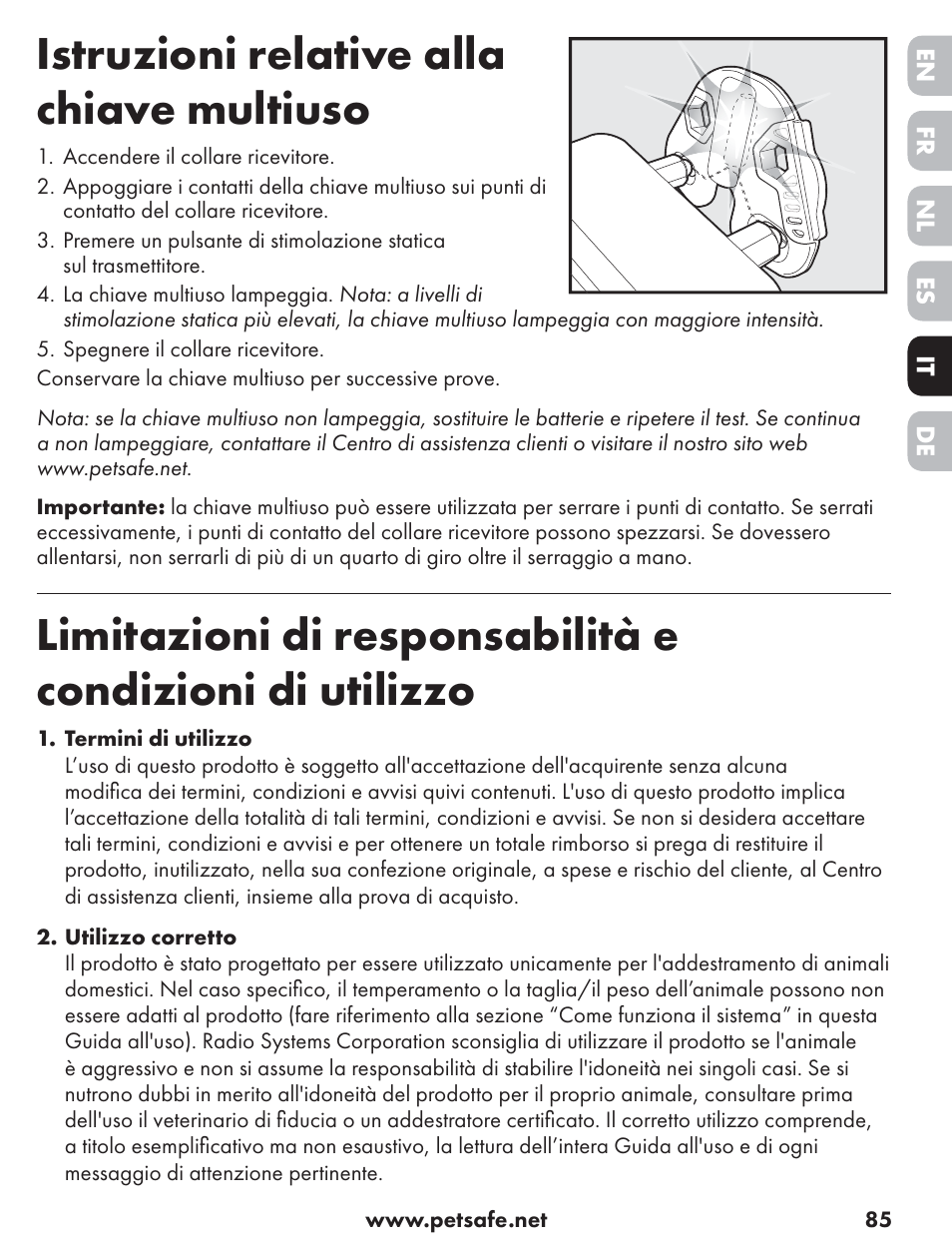 Istruzioni relative alla chiave multiuso | Petsafe ST-70, 70 m Basic Remote Trainer User Manual | Page 85 / 108