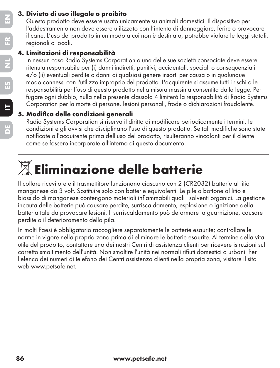 Eliminazione delle batterie | Petsafe ST-70, 70 m Basic Remote Trainer User Manual | Page 86 / 108