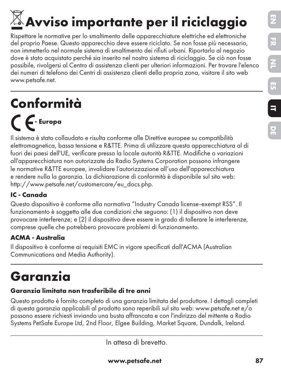 Avviso importante per il riciclaggio, Conformità, Garanzia | Petsafe ST-70, 70 m Basic Remote Trainer User Manual | Page 87 / 108