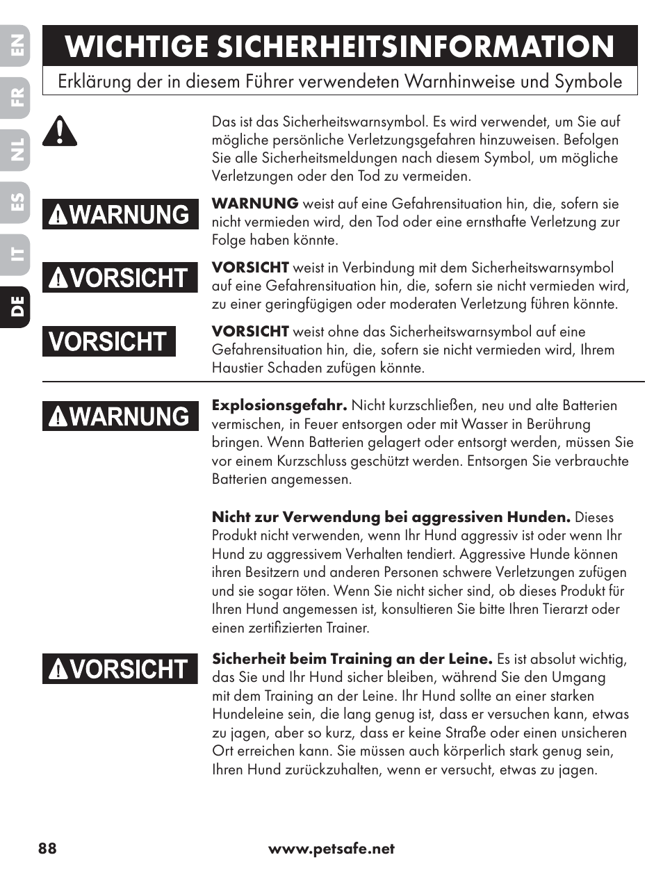 Wichtige sicherheitsinformation | Petsafe ST-70, 70 m Basic Remote Trainer User Manual | Page 88 / 108