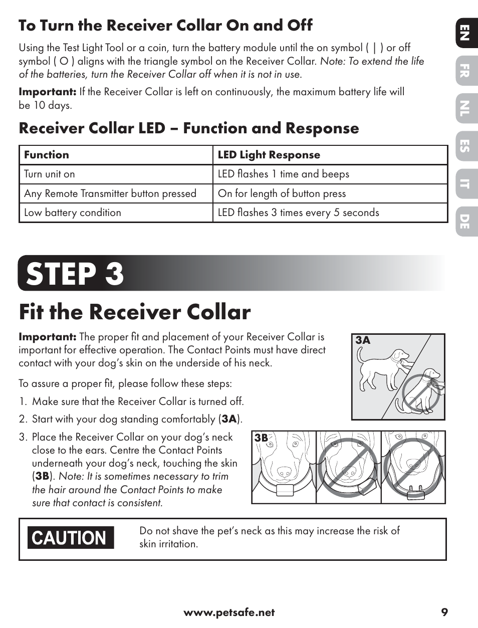 Step 3, Fit the receiver collar, Receiver collar led – function and response | Petsafe ST-70, 70 m Basic Remote Trainer User Manual | Page 9 / 108