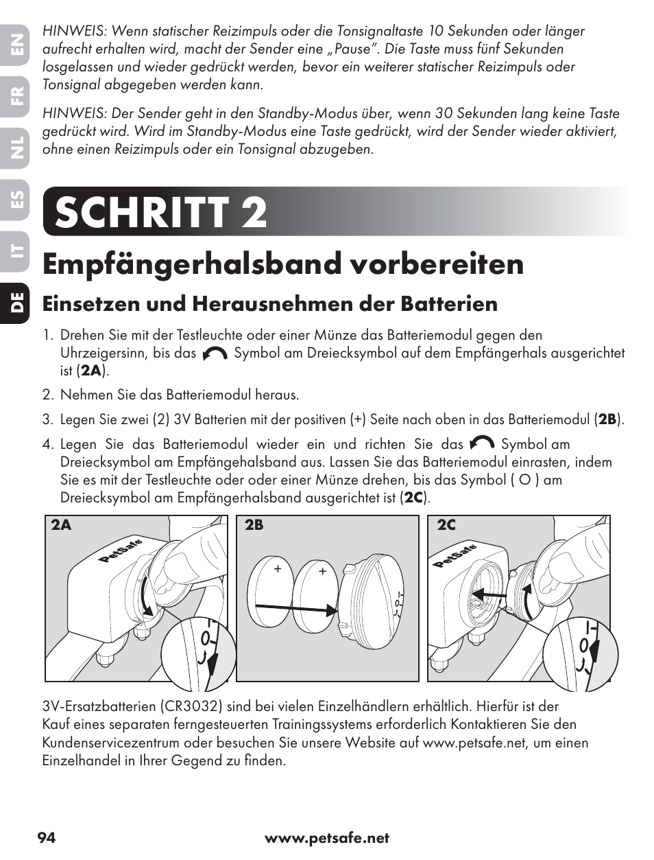 Schritt 2, Empfängerhalsband vorbereiten, Einsetzen und herausnehmen der batterien | Petsafe ST-70, 70 m Basic Remote Trainer User Manual | Page 94 / 108